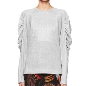 Dries Van Noten Silver Metallic Knit Long Ruched Puff Sleeve Blouse Top Size S